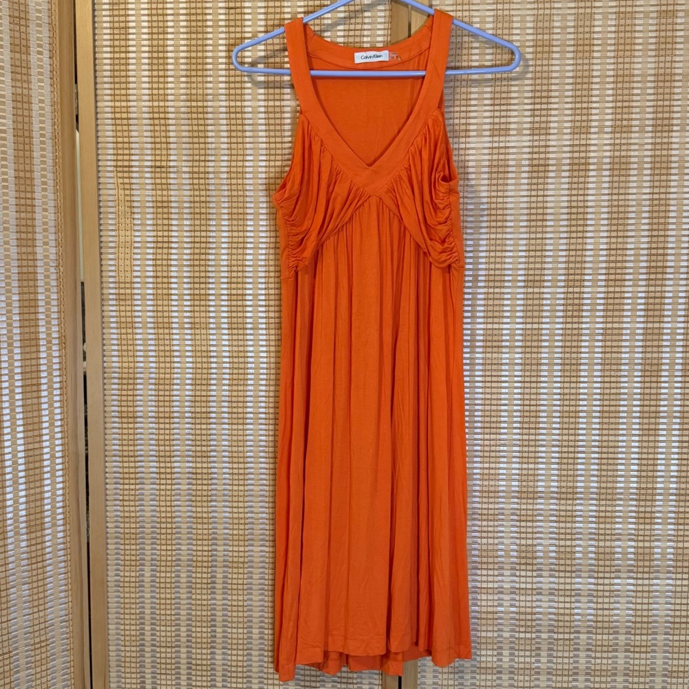 Calvin Klein Orange Sleeveless V-Neck Ruched Bust Empire Waist Dress Size 10